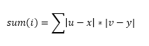 sum(i) = tổng(|u - x| * |v - y|), 